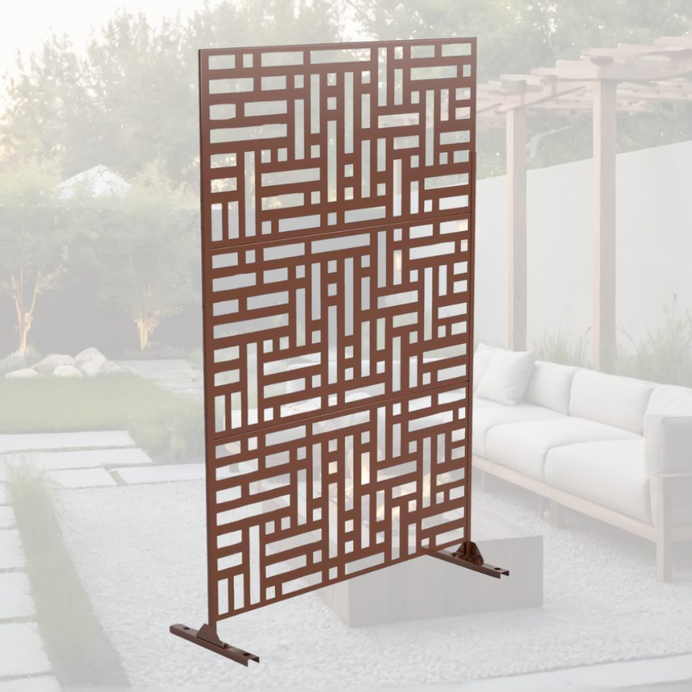 A laser cut corten steel privacy panel on a patio